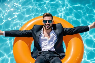 Happy businessman wearing a suit relaxing on orange pool float in clear blue water under sunlight, symbolizing success and leisure lifestyle concept. Ai generative