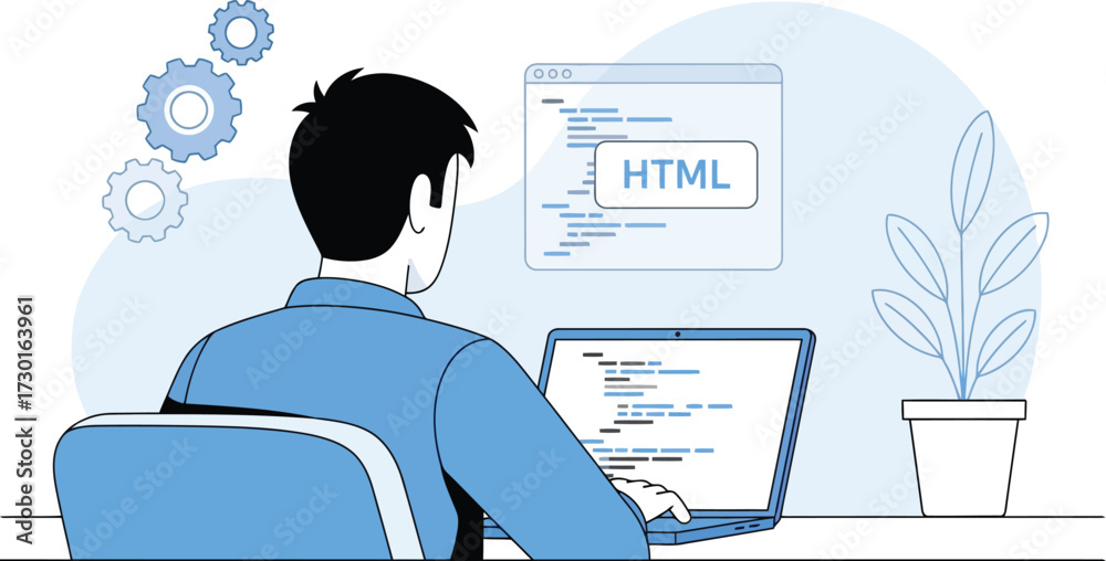 Wall mural man coding html on laptop, web development process, isolated on white background