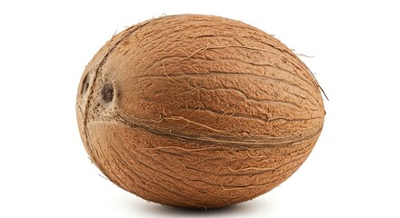 Exotic whole coconut with textured brown husk and fibrous details isolated on a clean white background, perfect for tropical recipes and health food marketing.