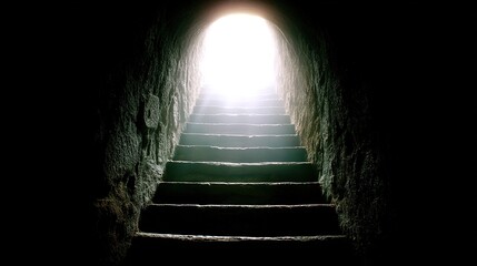 ascent. Stone staircase bathed in sunlight, creating a dramatic contrast with atmospheric haze and a low-angle view. real-estate listings.