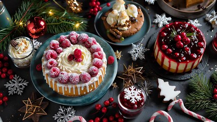 A table full of desserts with a festive atmosphere. The desserts include cakes, pies, and other sweet treats. The table is decorated with snowflakes and other winter decorations, creating a cozy - Powered by Adobe