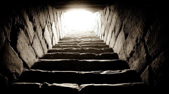 ascent. Stone staircase bathed in sunlight, creating a dramatic contrast with atmospheric haze and a low-angle view. real-estate listings.