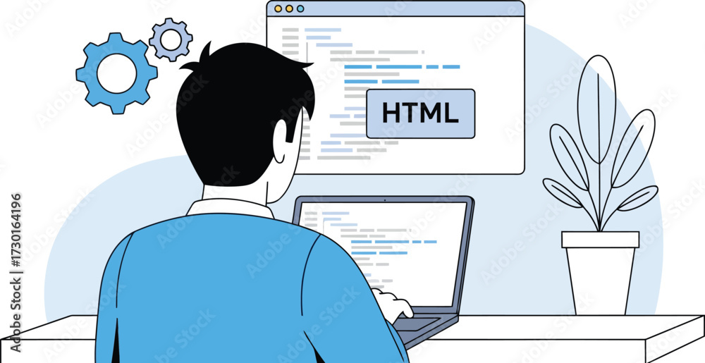 Wall mural Man coding html on laptop isolated on white background, back angle view