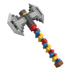 Fototapeta premium Detailed Double-Headed Battle Axe Built from Colorful Toy Blocks isolated on a transparent background 