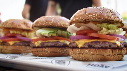 Delicious Cheeseburgers with Fresh Toppings Featuring Sesame Seed Buns Melted Cheese Thick Beef Patties Vibrant Red Tomatoes Crisp Lettuce and Sliced Red Onions on a Serving Tray Ready for National - Powered by Adobe