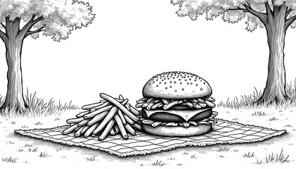 Monochrome Hamburger and Fries Picnic Illustration on Blanket