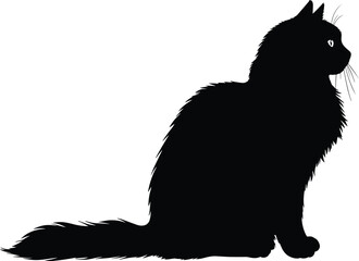 Black fluffy cat silhouette sitting side view, long hair feline pet vector illustration, isolated animal artwork design for graphic decoration