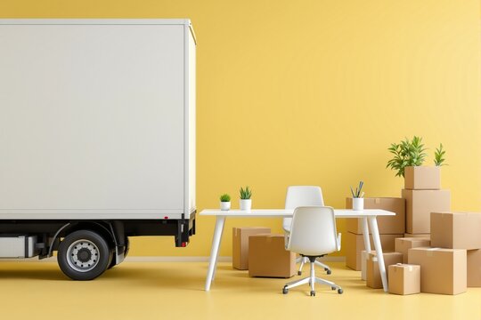 Office relocation concept with desk, chairs, and cardboard boxes near a delivery truck on yellow background, symbolizing moving business workspace. Ai generative