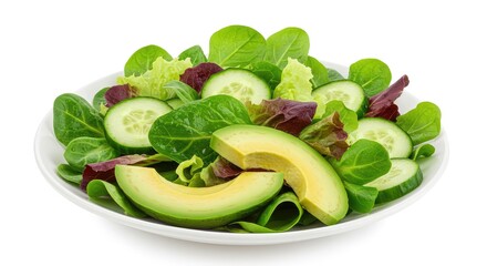 Fresh vibrant green salad with creamy avocado slices and crisp cucumber rounds in a pristine white bowl, perfect for healthy eating inspiration.