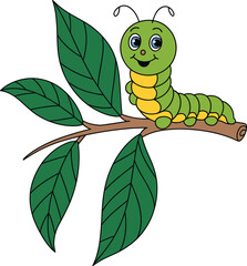 Cartoon caterpillar on branch, cheerful insect character, green bug illustration, children’s nature art, educational design, smiling caterpillar pose, leaf and tree scene