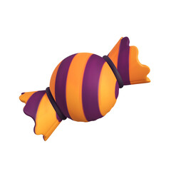 A stylized 3D Halloween candy is brightly colored with alternating orange and purple stripes, and wrapped in twisted ends secured by dark bands.