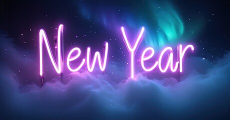 Bright neon New Year text floats above clouds. Aurora borealis visible, creating festive atmosphere. Dark background enhances glow.