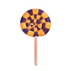 A stylized 3D Halloween lollipop features a round, flat candy head with a vibrant orange and purple spiral pattern on a light pink stick.