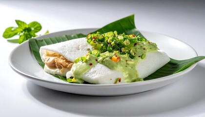 Two white wraps on a banana leaf, topped with green sauce and garnish