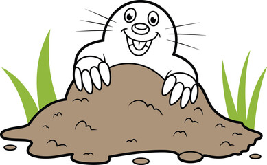 Cartoon mole on dirt mound, cheerful burrowing animal, outdoor nature scene, smiling character illustration, children’s insect art, playful wildlife design, educational content