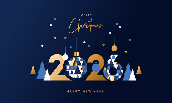 Merry Christmas and Happy New Year banner, greeting card, poster, holiday cover. Modern Xmas design in geometric style with triangle pattern, Christmas tree, ball, snow and 2026 number on night blue.