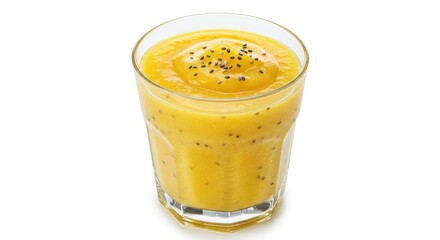 Vibrant yellow mango smoothie with chia seeds served in a clear glass, offering a refreshing and healthy beverage choice for wellness and nutrition content.