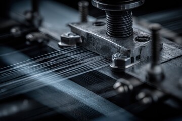 Mechanical Precision - Taut Fibers Streaming Through an Industrial Weaving Machine.