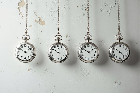 Four antique silver pocket watches hanging from chains against a textured wall, symbolizing time management and synchronization concept. Ai generative