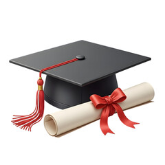 Graduation mortarboard and diploma isolated on transparent background for celebration