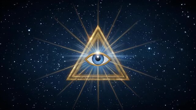 Mystical golden eye inside a glowing triangle radiates powerful energy, symbolizing enlightenment, divine vision, cosmic awareness, secret knowledge, higher consciousness, and spiritual awakening	