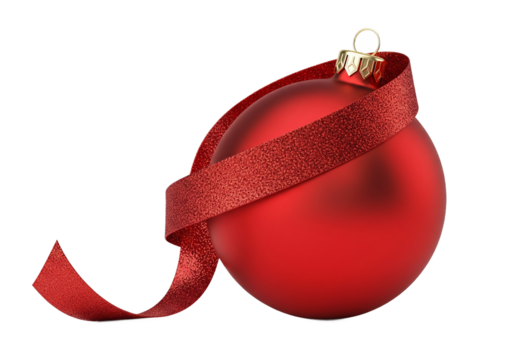 A single vibrant red christmas ornament with a shimmering red ribbon elegantly wrapped around it isolated on a stark black background perfect for holiday design
