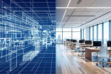 Modern office interior transformation from digital blueprint to real workspace concept with panoramic windows, wooden floors, and workstations. Ai generative
