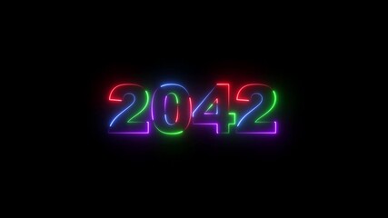 Neon text calendar 2042 animation, glowing neon icon 4 rainbow colors 4K video. Neon light countdown 2042 Sal number icon on black background. 2042 New year text animation. 