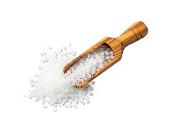 A rustic wooden scoop filled with coarse sea salt crystals spilling onto a dark background highlighting the texture and purity of the mineral