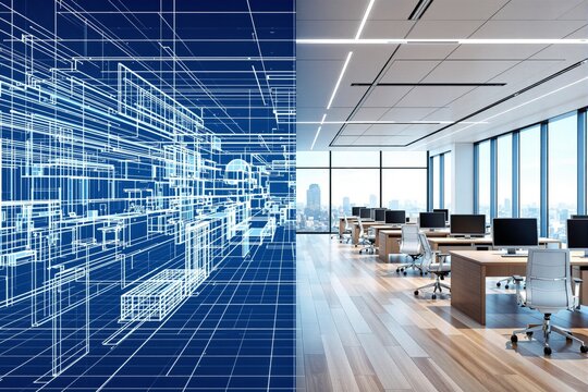 Modern office interior transformation from digital blueprint to real workspace concept with panoramic windows, wooden floors, and workstations. Ai generative