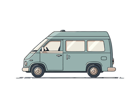 Side View of Light Blue Camper Van in Pixel Art Style on White Background