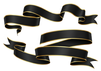 Elegant black ribbons with golden trim flowing and curling dramatically against a dark background perfect for luxurious design elements and sophisticated announcements