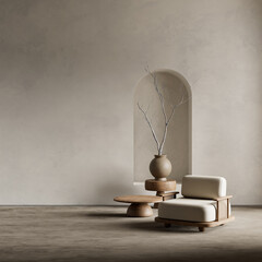 Minimalist Japandi Living Room Interior. 3D illustration