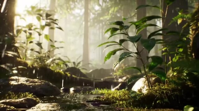 Lush green plants thrive along a small stream in a sundrenched forest, creating a serene and peaceful atmosphere.