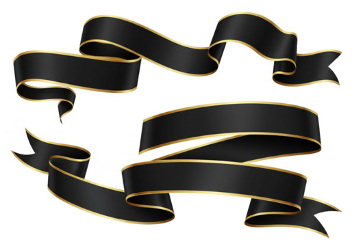 Elegant black ribbons with golden trim flowing and curling dramatically against a dark background perfect for luxurious design elements and sophisticated announcements