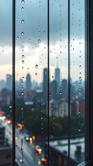 Raindrops on Window with Cityscape View featuring Blurred Urban Scenery and Traffic Lights with Gray Sky and Gloomy Weather