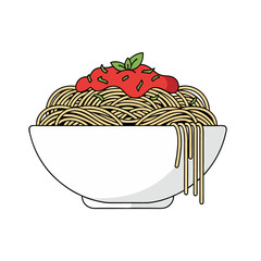 Graphic Illustration of Spaghetti with Tomato Sauce and Basil in White Bowl on White Background