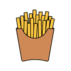 Cartoon French Fries in Brown Paper Container on White Background