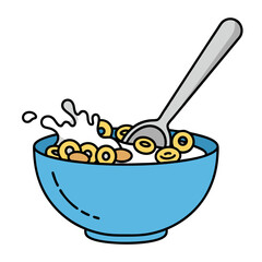 Vector Illustration of a Light Blue Bowl Filled with Cereal Rings and Milk with a Spoon on a White Background