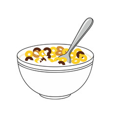 Cereal Bowl Vector Graphic Isolated on White Background Featuring White Bowl Yellow and Brown Cereal and Silver Spoon
