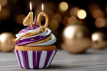 Delicious cupcake with golden candles celebrating 40th birthday milestone party