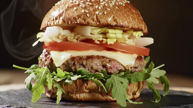 Detailed Close Up of Mouthwatering Burger with Melting Cheese and Fresh Toppings on a Black Slate Perfect for Food Promotions and Restaurant Advertising and Showcasing National Burger Day