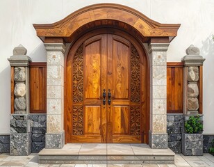 Traditional wooden carved arch door with stone pillars