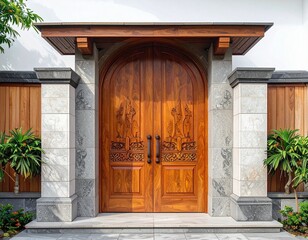 Traditional wooden carved arch door with stone pillars