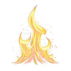 Bright yellow flame with sparks isolated on transparent background, vector illustration