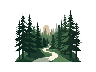 Obraz premium Tranquil Forest Trail Illustration with Tall Evergreen Trees and Soft Moonlight on White Background