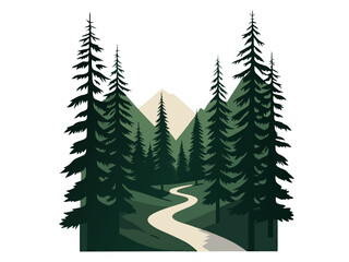 Obraz premium Forest and Mountain Pixel Art Scene with Winding Path in Shades of Green and Beige on White Background