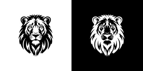 A striking black and white illustration of a lion's head, presented in two versions: one on a white background and the other on a black background.