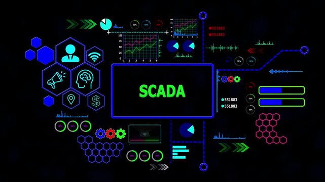 Scada concept with Data Analytics, Business Graphics, loading bar, gearbox, Asymptotic smart data analytic,4k video
