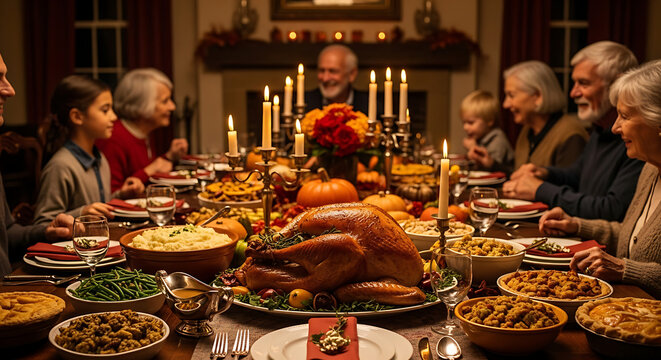 Family gathering around a thanksgiving dinner table with turkey and candles